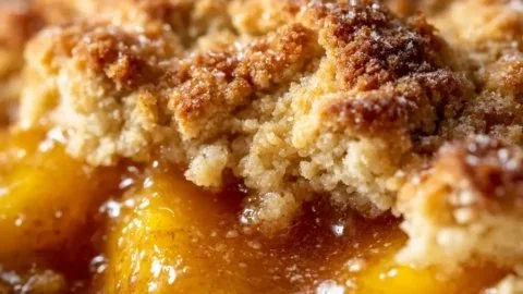 Delicious Paula Deen peach cobbler served in a dish with a golden crust and juicy peaches.