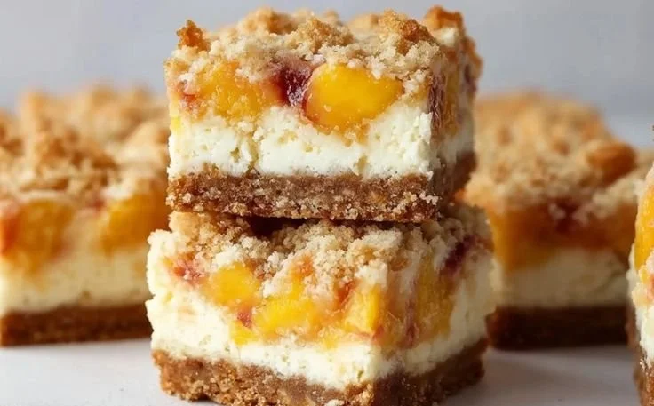 Delicious peach cobbler cheesecake bars with fresh peaches and a golden crust