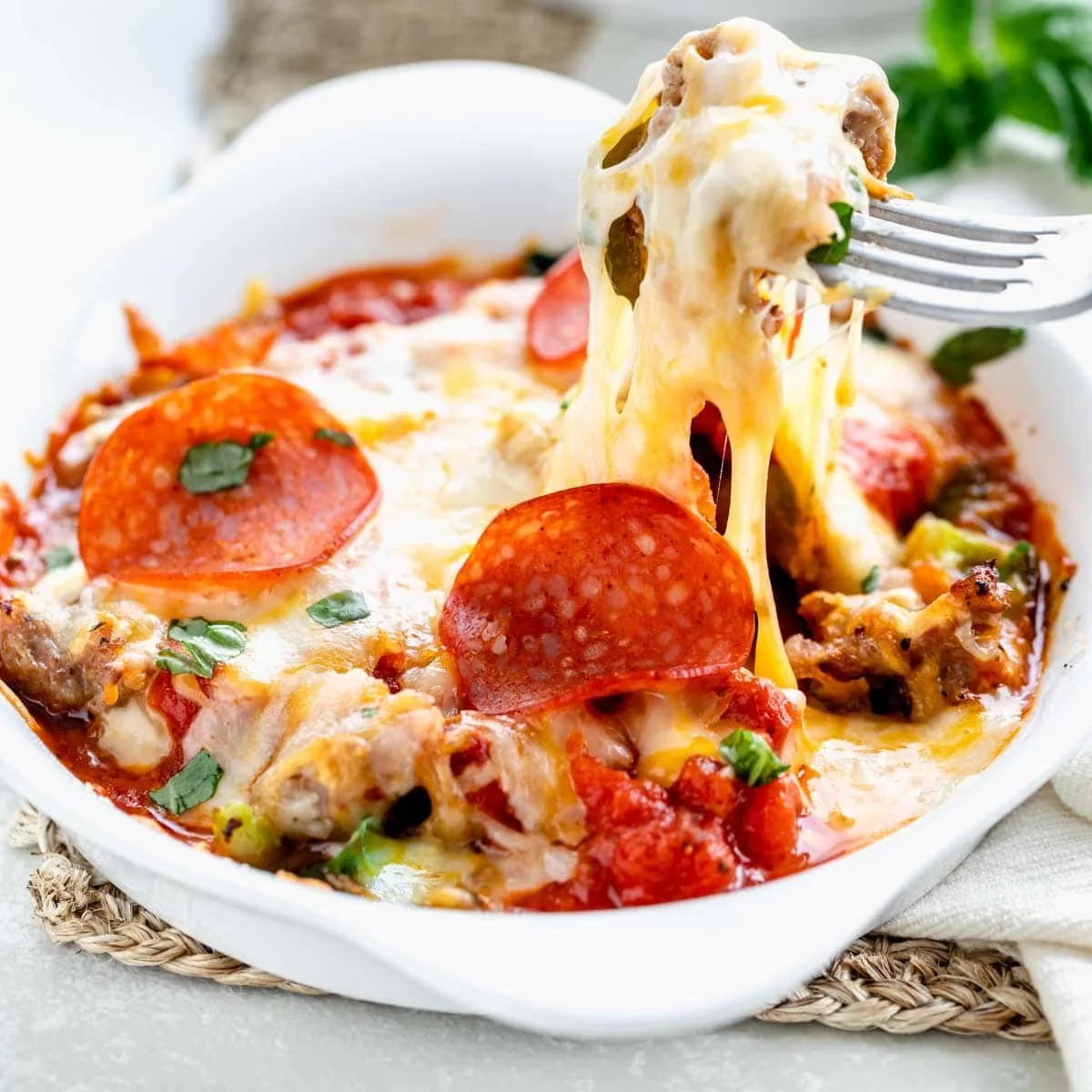 Delicious Pizza Bowl with fresh toppings served in a crusty bowl