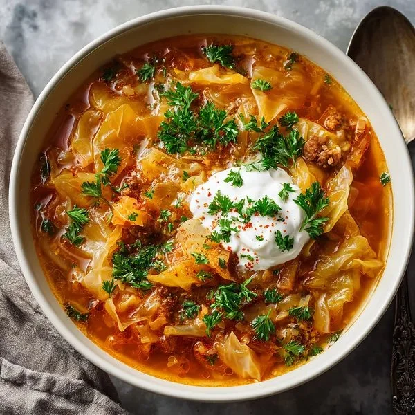 Bowl of Polish cabbage soup garnished with fresh herbs
