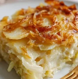Delicious Polish Potato Cabbage Casserole served in a baking dish.