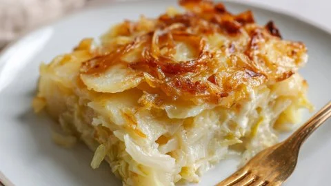 Delicious Polish Potato Cabbage Casserole served in a baking dish.