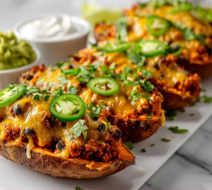 Protein loaded sweet potato boats filled with delicious toppings for a healthy meal.
