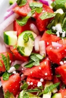 Refreshing watermelon salad with mint and feta cheese on a plate