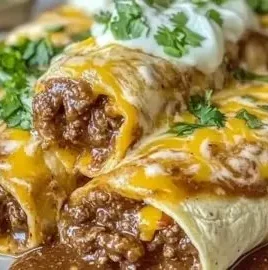 Savory smothered ground beef burritos topped with creamy chipotle delight