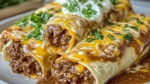 Savory smothered ground beef burritos topped with creamy chipotle delight