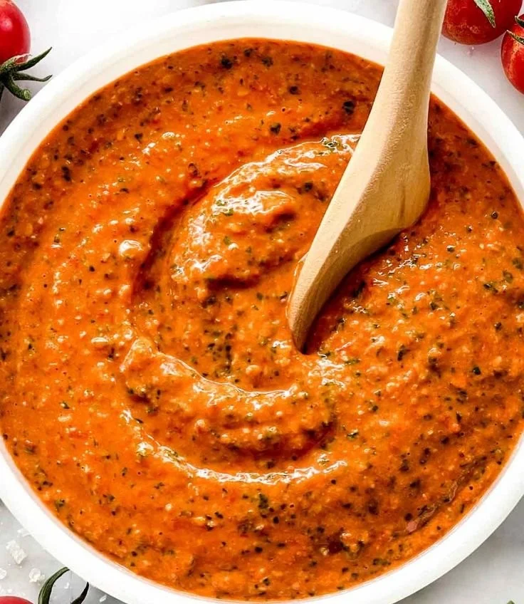 Bowl of Sicilian tomato pesto with fresh ingredients