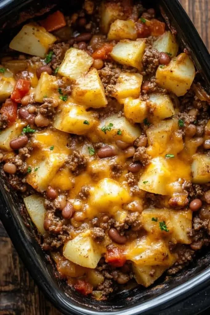 Delicious Slow Cooker Cowboy Casserole served in a rustic bowl
