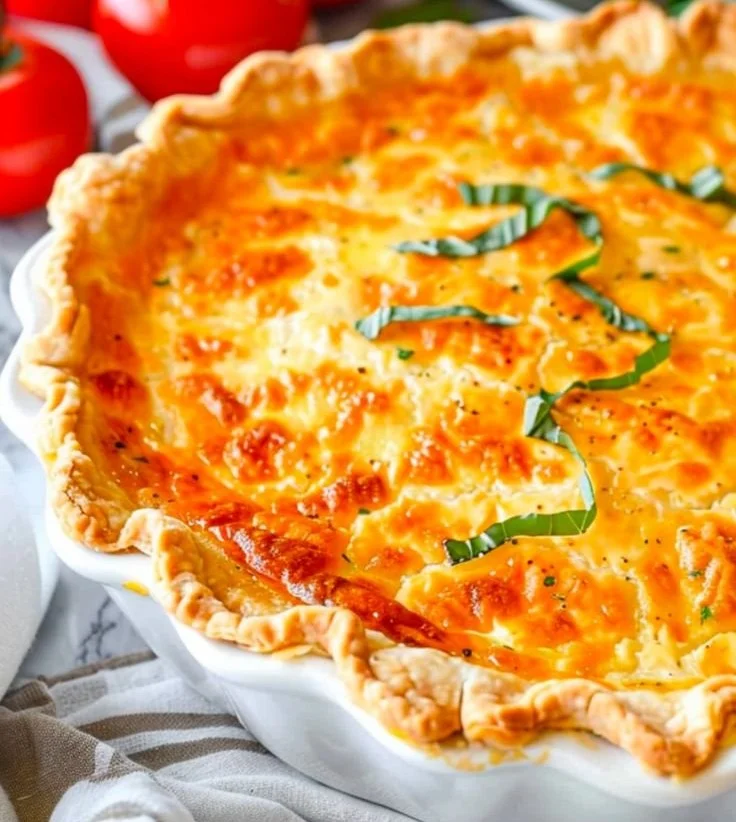 Delicious Southern Tomato Pie garnished with fresh herbs and tomatoes