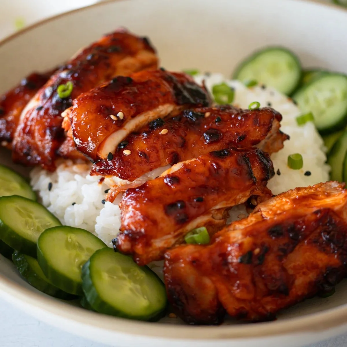 Sticky Honey Gochujang Chicken garnished with sesame seeds and green onions.