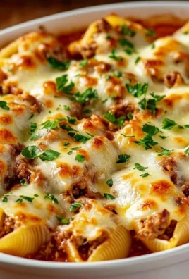 Baked stuffed pasta shells filled with ground beef and cheese in a rich marinara sauce
