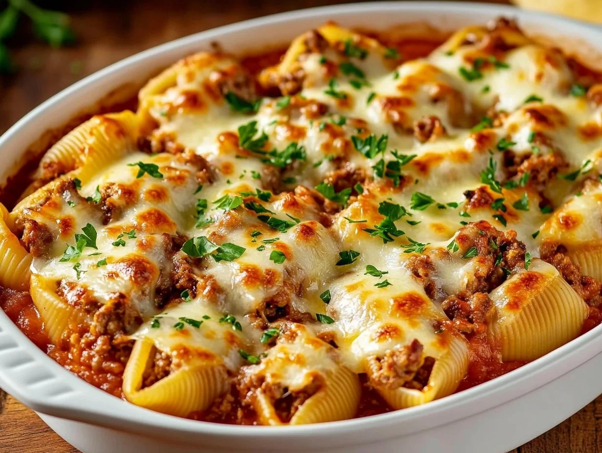 Baked stuffed pasta shells filled with ground beef and cheese in a rich marinara sauce