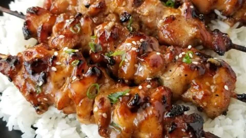 Grilled teriyaki chicken skewers served on a plate with vegetables