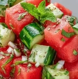 A refreshing watermelon cucumber salad with mint and feta cheese.