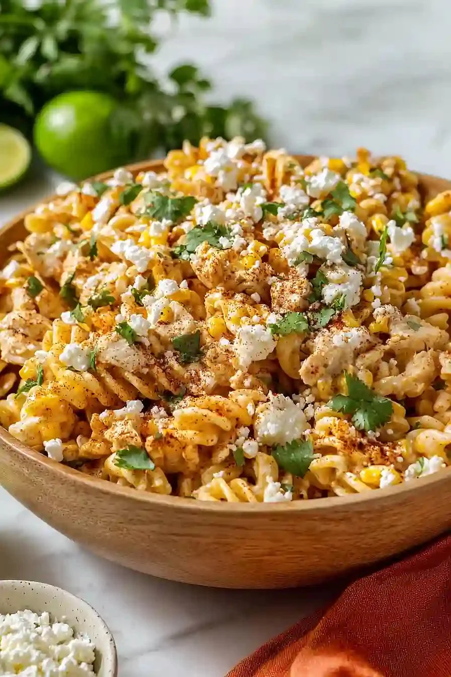Zesty Mexican Street Corn Chicken Pasta Salad with vibrant ingredients and colors